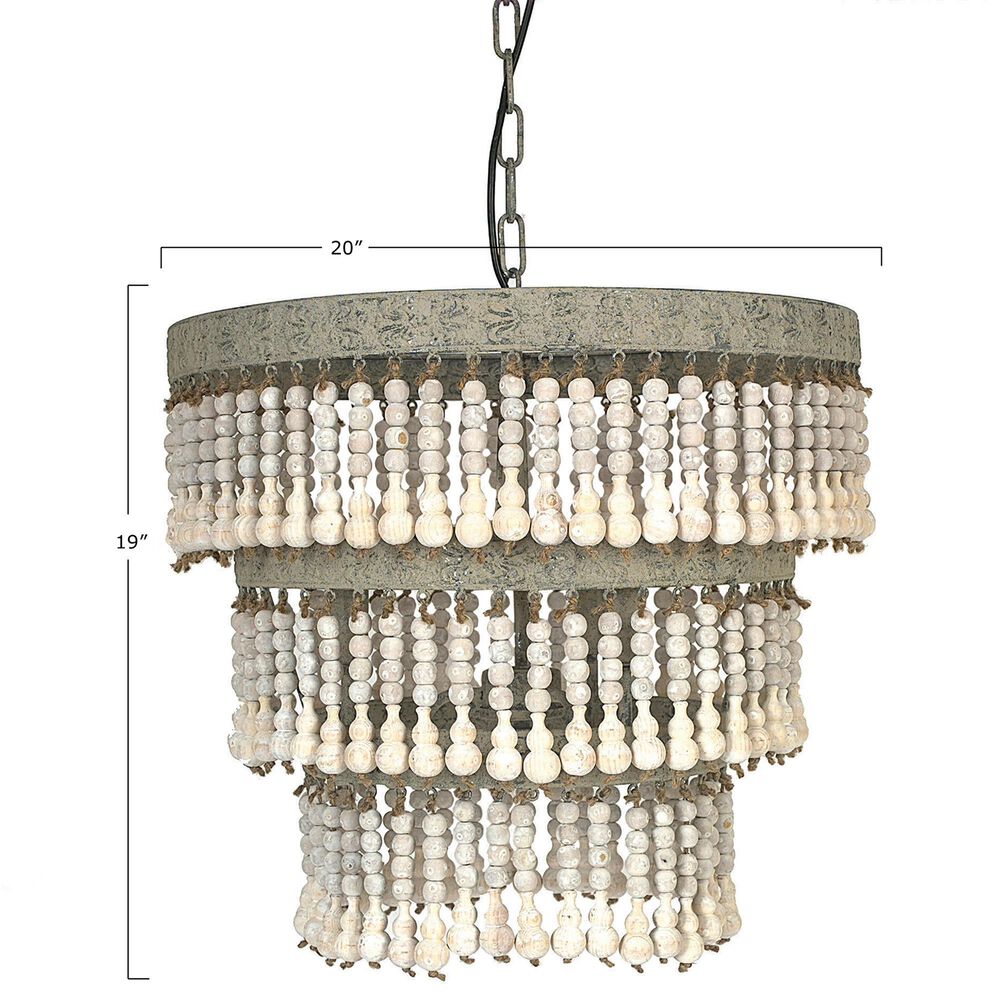 Creative Coop Laurel 3-Tier Wood Bead Chandelier with Antique White Shade, , large