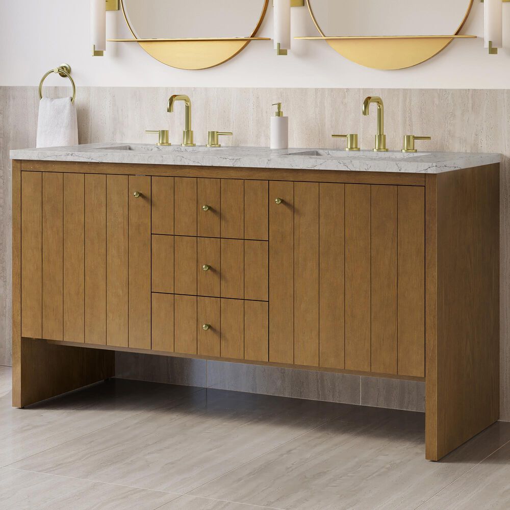 James Martin Hudson 60" Double Bathroom Vanity in Honey Oak with 3 cm Eternal Jasmine Pearl Silestone Top and Rectangular Sinks, , large