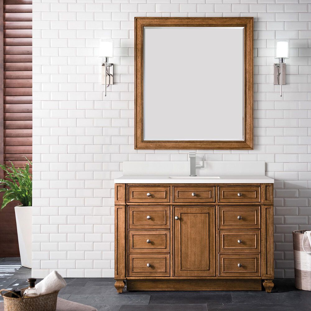 James Martin Vanities Bristol 48&quot; Single Bathroom Vanity in Saddle Brown with Single Hole 3 cm White Zeus Quartz Top and Rectangular Sink, , large