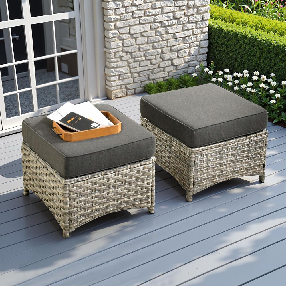 HOMLUX 2-Piece Outdoor Wicker Ottoman Set with Cushion in Black, , large