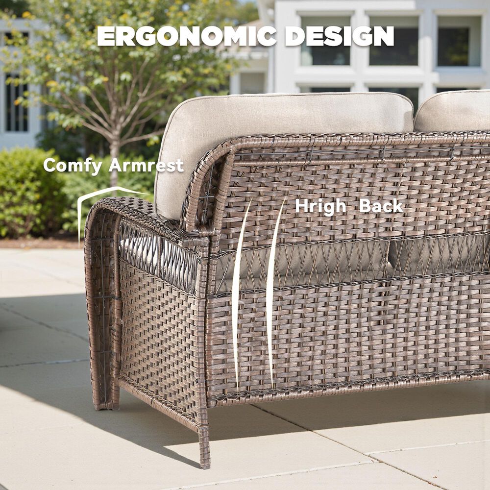 Hearth and Haven Outdoor Sofa with T-back Cushions and Brown Wicker in Beige, , large