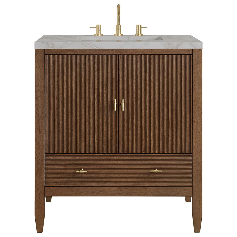James Martin Myrrin 30" Single Bathroom Vanity in Mid-Century Walnut with 3 cm Victorian Silver Silestone Top and Rectangular Sink, , large