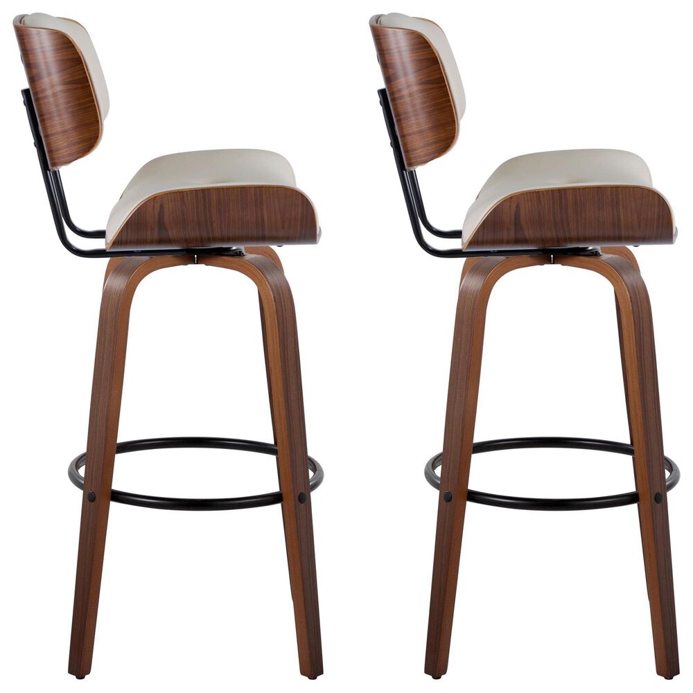 LumiSource Lombardi 30" Swivel Barstool with Cream Faux Leather Upholstery in Walnut and Black (Set of 2), , large