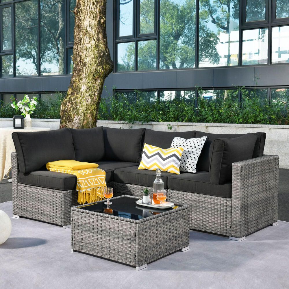 HOMLUX 5-Piece Patio Conversation Set with Grey Wicker in Black, , large