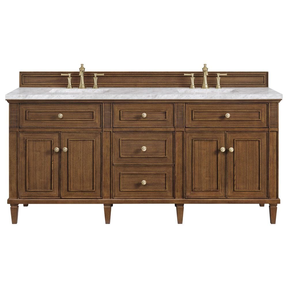 James Martin Vanities Lorelai 72&quot;Double Vanity in Mid-Century Walnut with 3 cm Carrara White Marble Top, , large