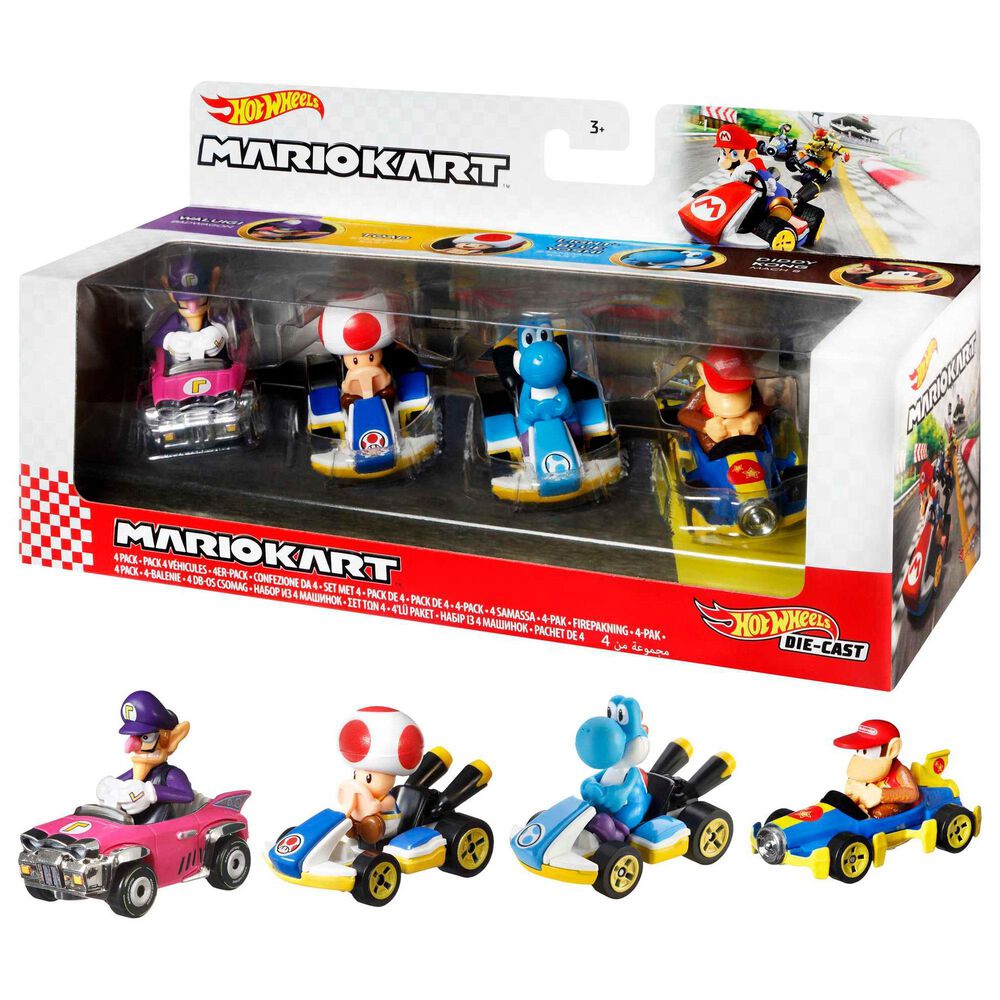 Hot Wheels Mario Kart Toy Character Vehicle 4-Pack - Diddy Kong, Waluigi, Blue Yoshi, Toad, , large