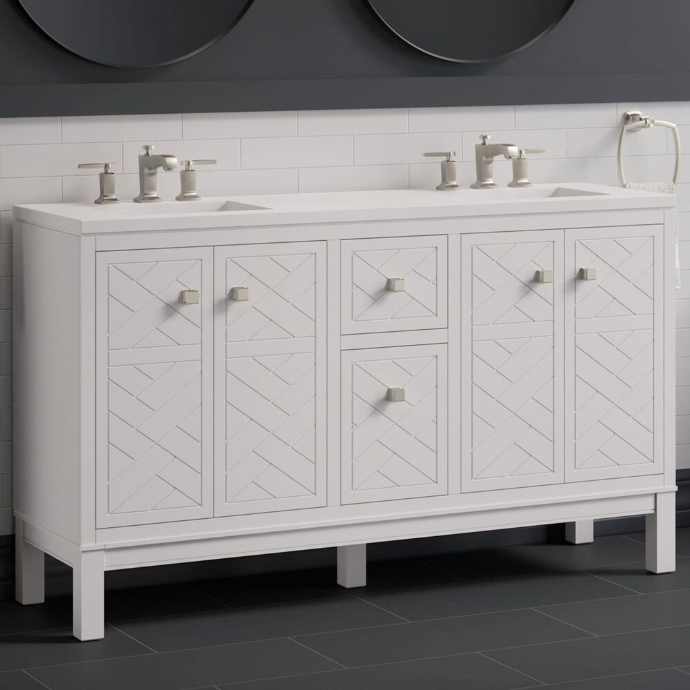Kohler Beauxline 60" Double Bathroom Vanity in White with 3 cm Pure White Quartz Top and Rectangular Sinks, , large