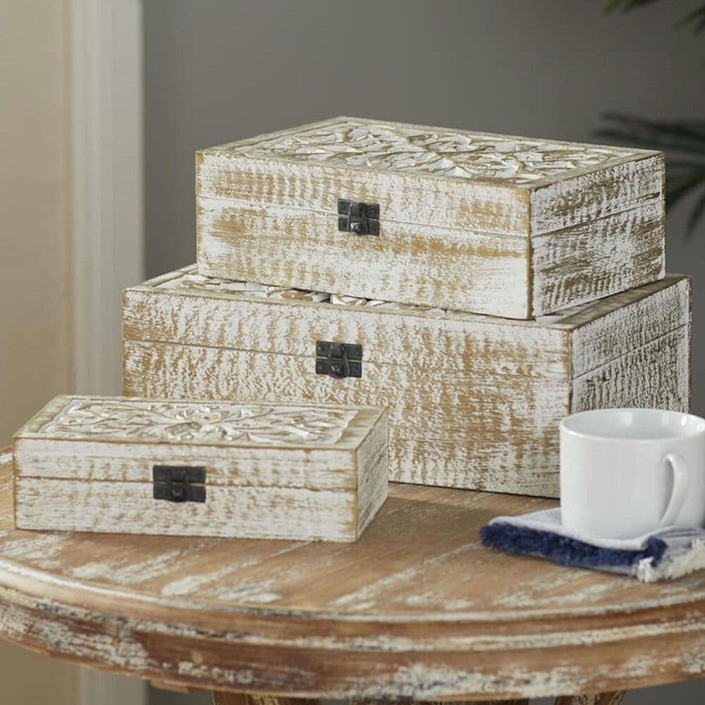 Maple and Jade 3-Piece Handmade Floral Decorative Box Set with Hinged Lid in White and Brown, , large