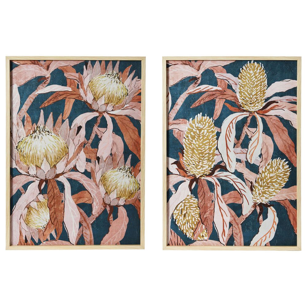 Creative Coop 39.38" x 27.5" Floral Prints Wall Art in Blue, Brown, Yellow and Orange (Set of 2), , large