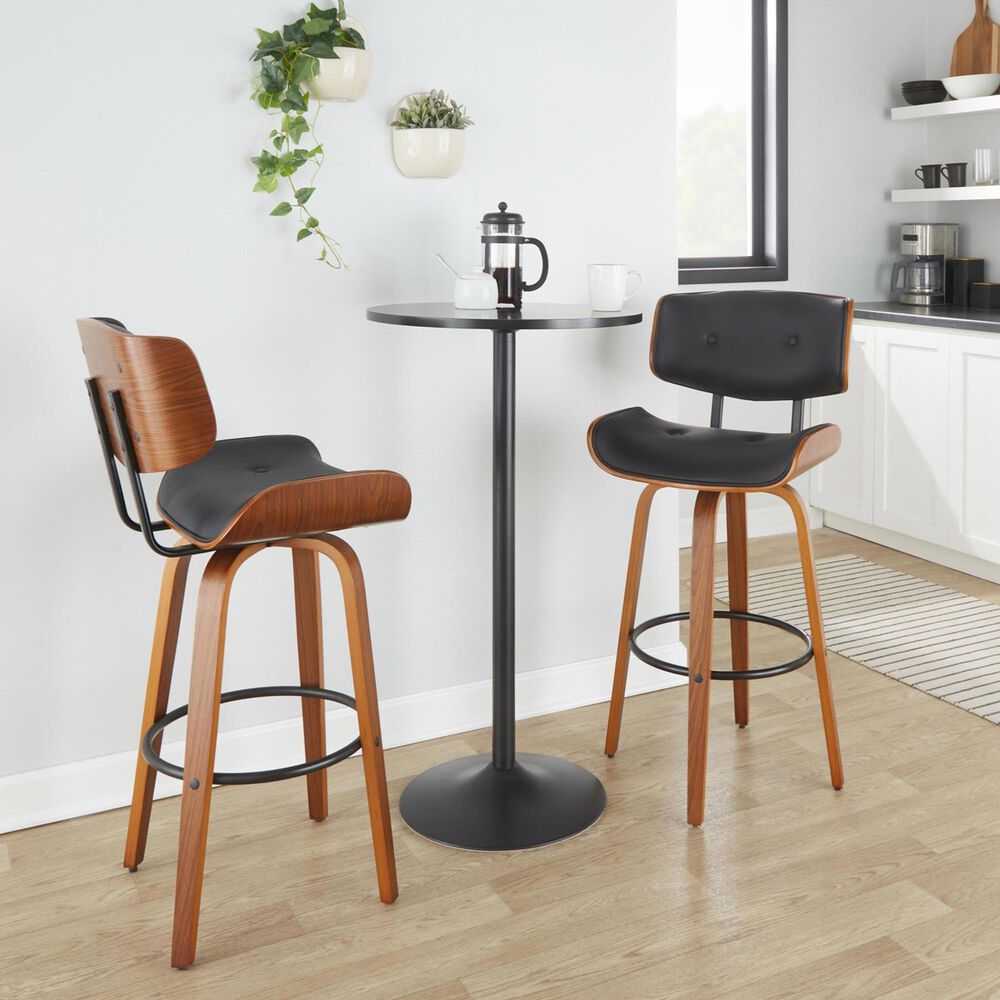 LumiSource Lombardi 30" Swivel Barstool with Black Faux Leather Upholstery in Walnut and Black (Set of 2), , large