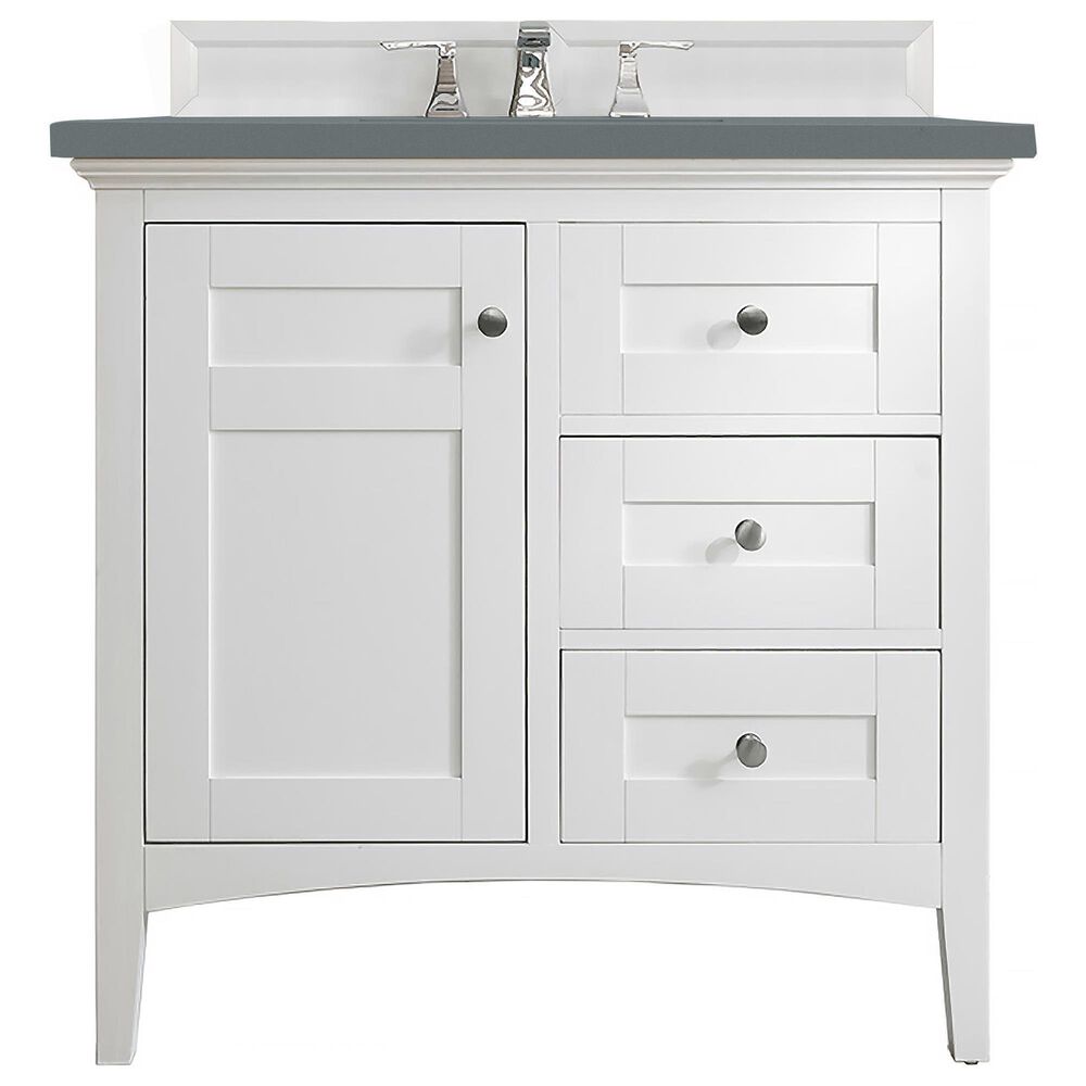 James Martin Vanities Palisades 36" Single Bathroom Vanity in Bright White with 3 cm Charcoal Soapstone Quartz Top and Rectangular Sink, , large