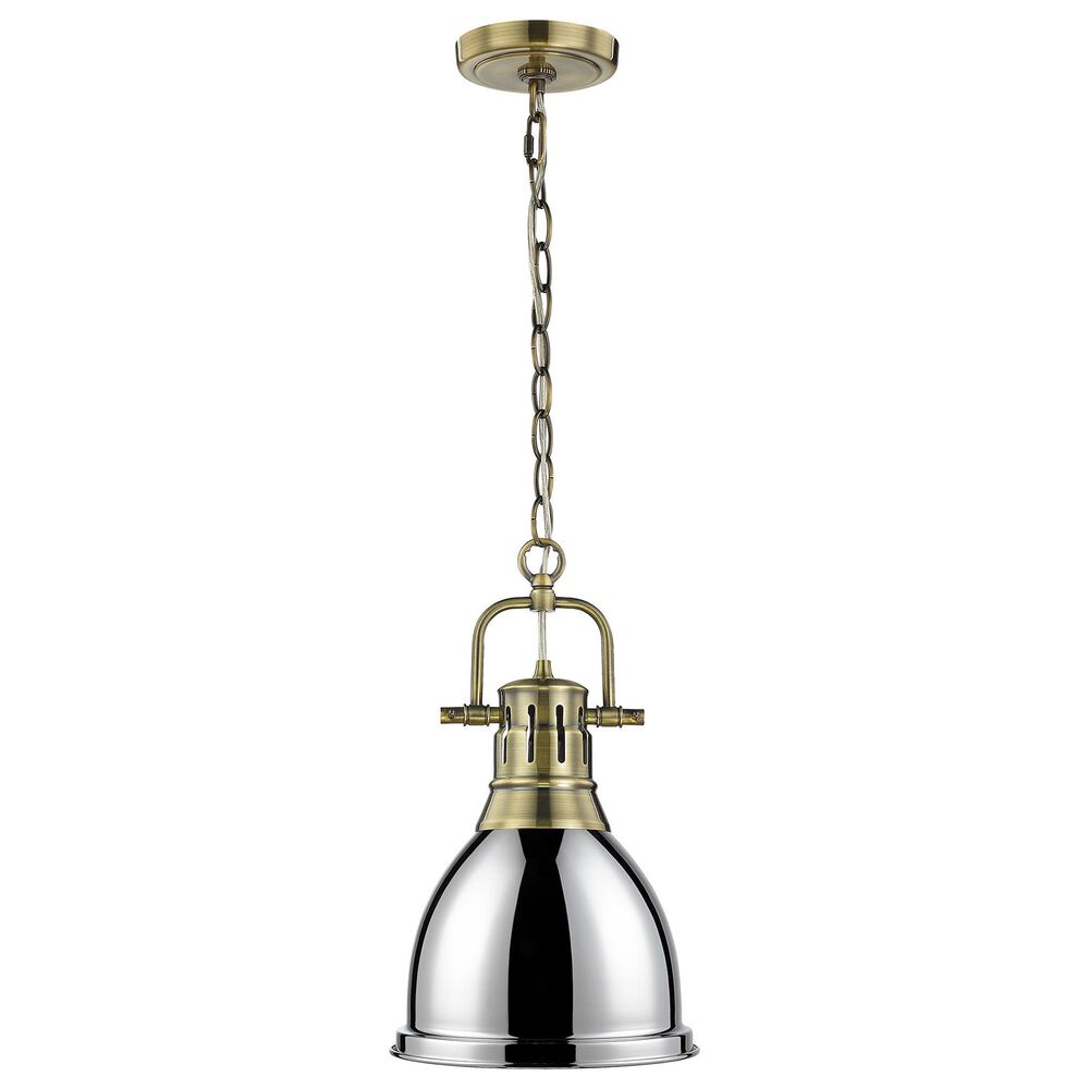 Golden Lighting Duncan 1-Light Small Pendant with Chain and Chrome Shade in Aged Brass, , large
