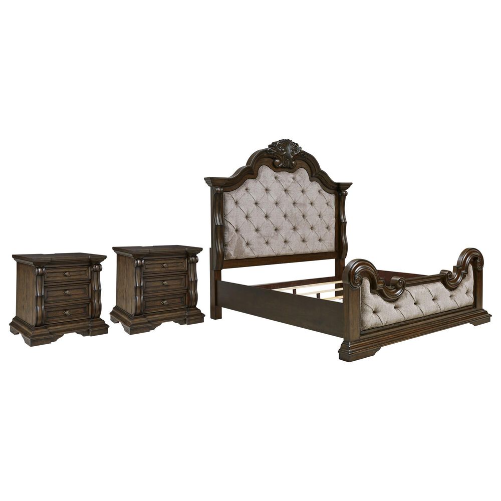 Millenium Queen Upholstered Bed and Two Nightstands in Dark Brown, , large