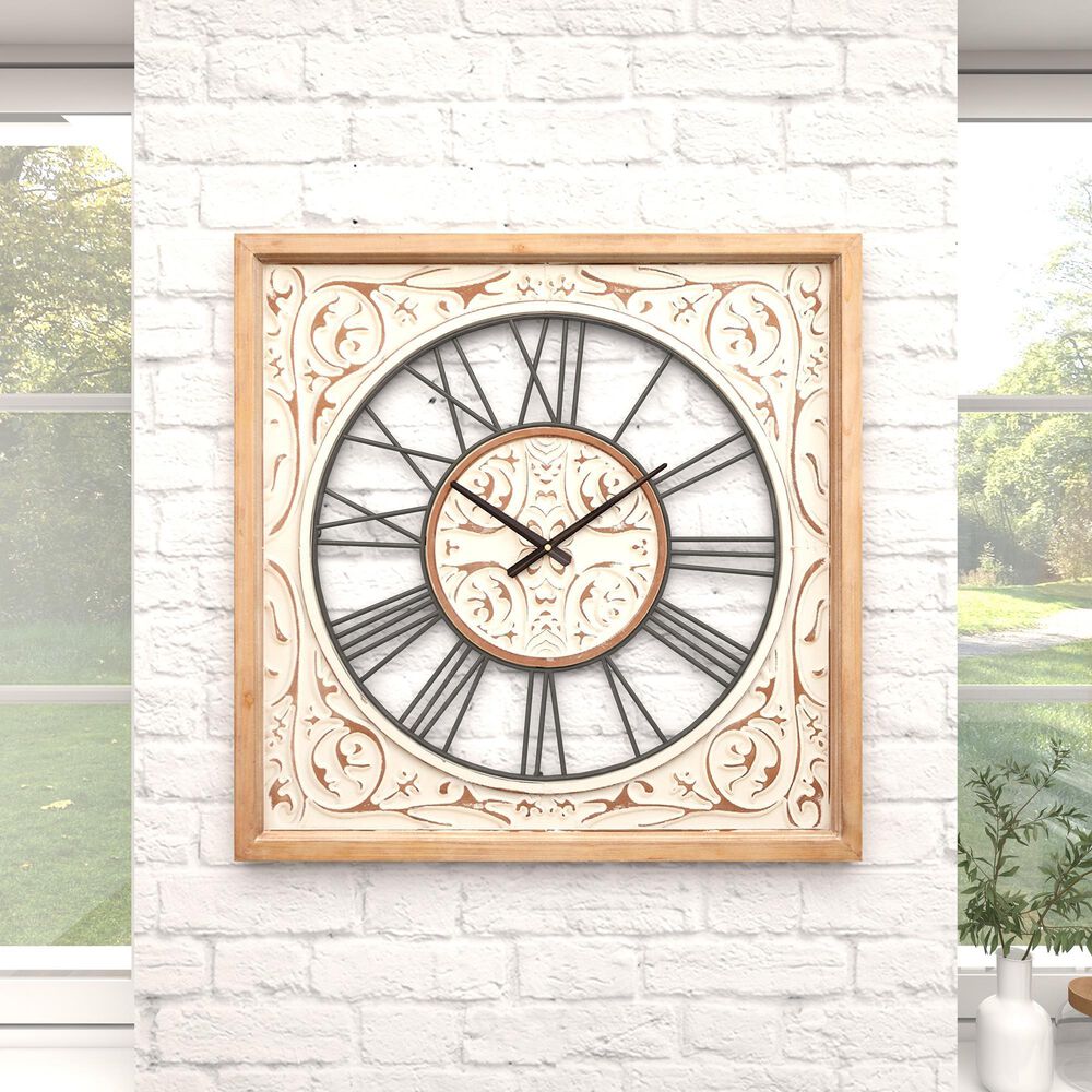 Maple and Jade 29&quot; Wall Clock in Distressed White and Brown, , large