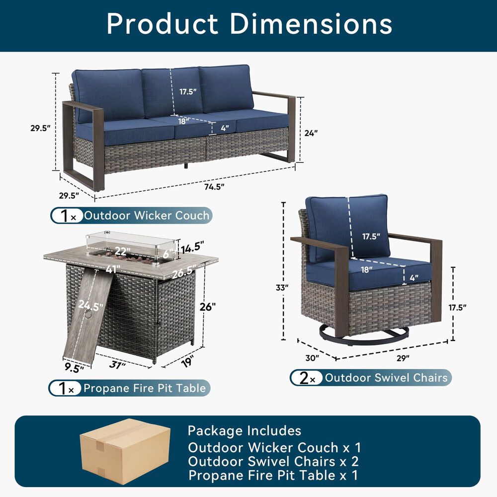 Sunwell Garden 4-Piece Patio Fire Pit Set in Navy, , large