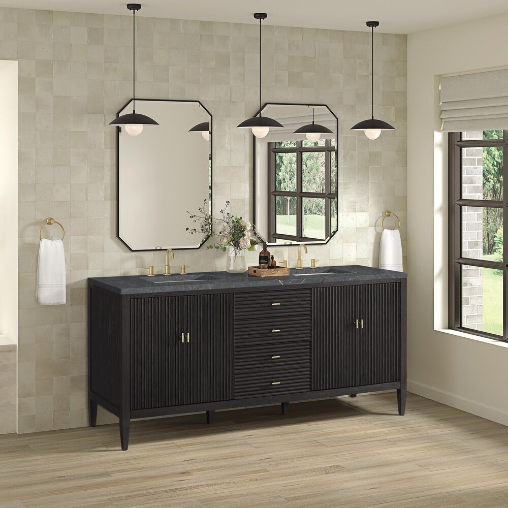 James Martin Vanities Myrrin 72&quot; Double Vanity Carbon Oak with 3 cm Parisien Bleu Quartz Top, , large