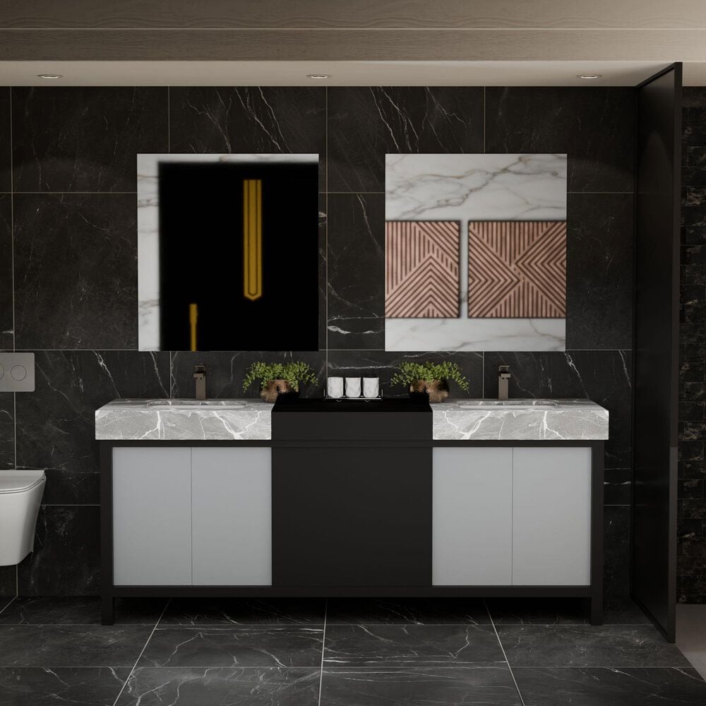 Lexora Home Zilara 80" Double Bathroom Vanity in Black and Grey with 11 cm Castle Grey Marble Top and Rectangular Sinks, , large