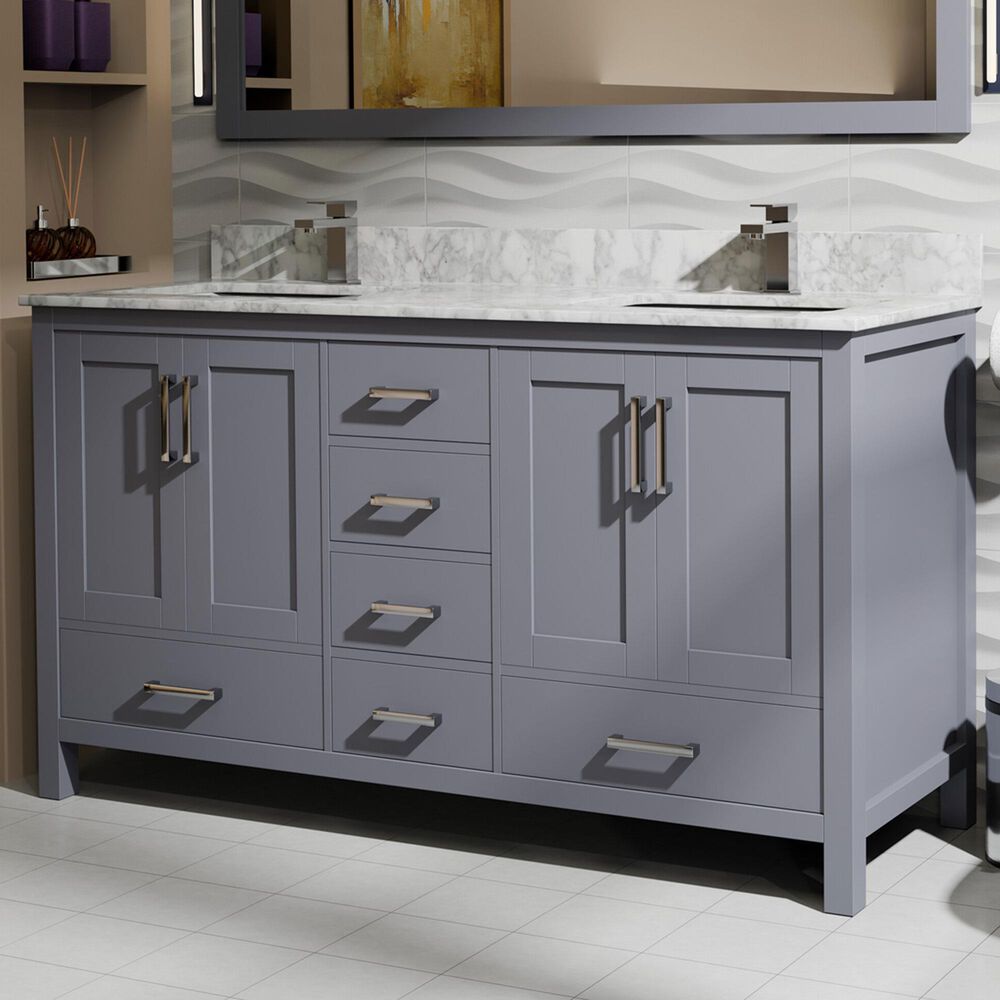 Lexora Home Jacques 60" Double Bathroom Vanity in Dark Grey with 2 cm White Carrara Marble Top and Rectangular Sinks, , large