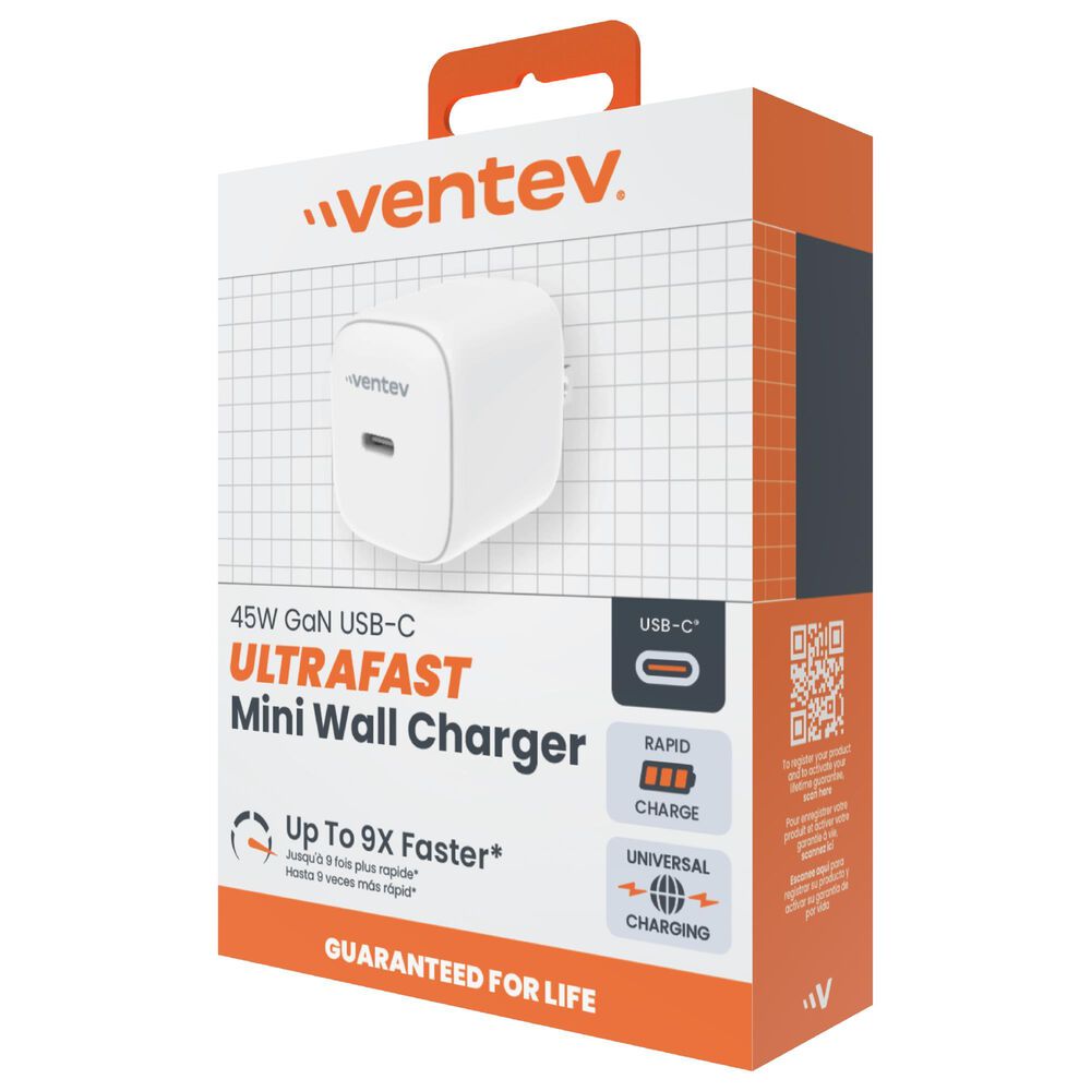 Ventev 45W Ultrafast USB-C Mini Wall Charger in White, , large