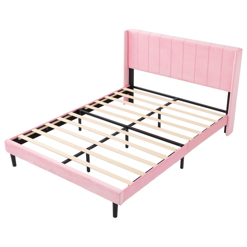 HOMLUX Queen Upholstered Platform Bed Frame with Velvet Headboard in Pink, , large