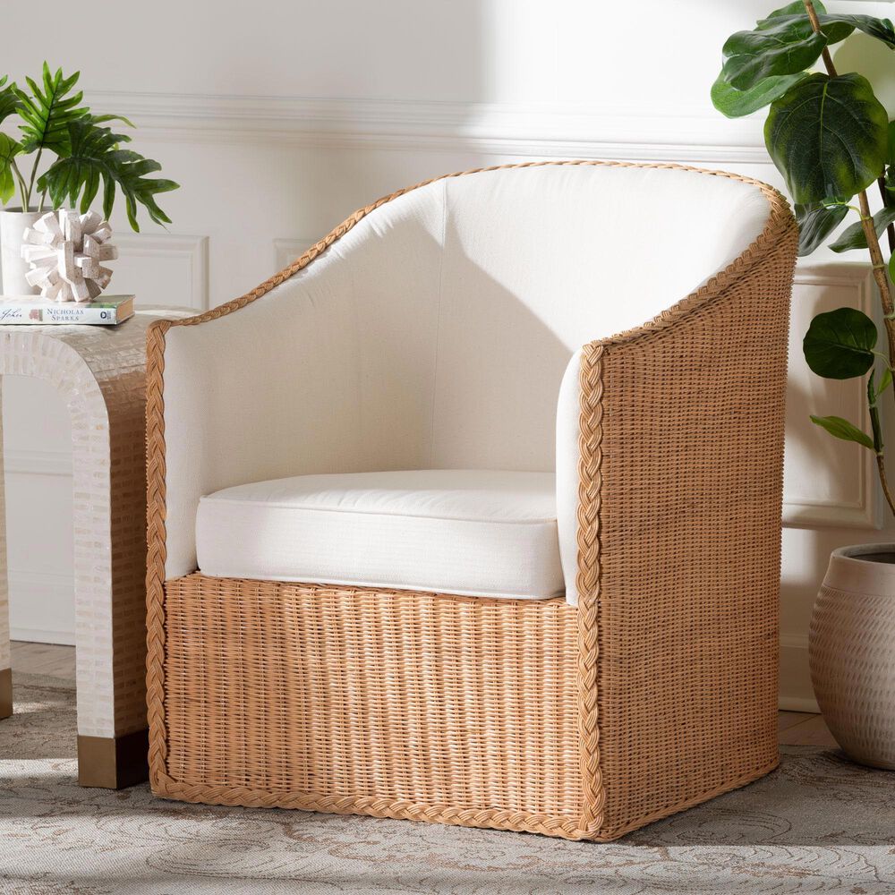 Baxton Studio Tessa Arm Chair with Light Honey Rattan in White, , large