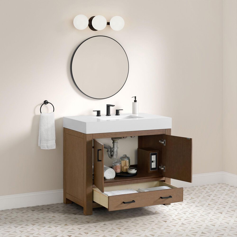 37B Alanya 36" Single Bathroom Vanity in Walnut Drift with White Composite Stone Top, , large