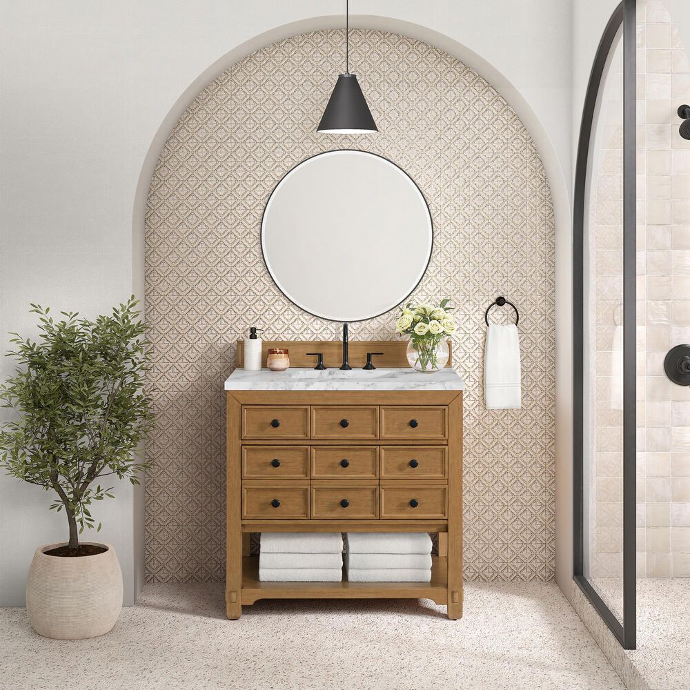 James Martin Vanities Malibu 36" Single Bathroom Vanity in Amber Birch with 3 cm Carrara White Marble Top and Rectangular Sink, , large