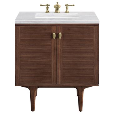 James Martin Amberly 30" Single Bathroom Vanity in Walnut with 3 cm Arctic Fall Solid Surface Top and Rectangular Sink, , large