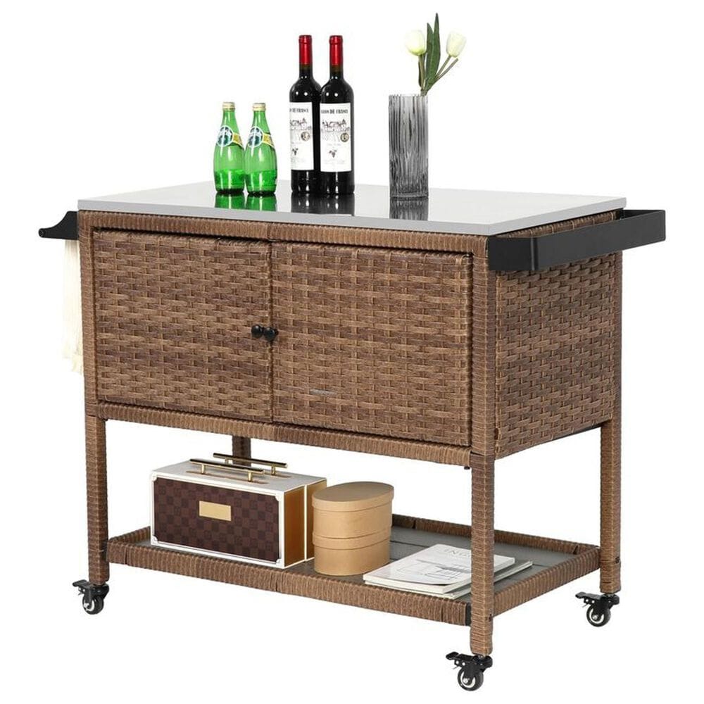 Hearth and Haven Outdoor Wicker Bar Cart with Glass Top in Brown, , large