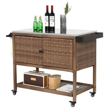 Hearth and Haven Outdoor Wicker Bar Cart with Glass Top in Brown, , large