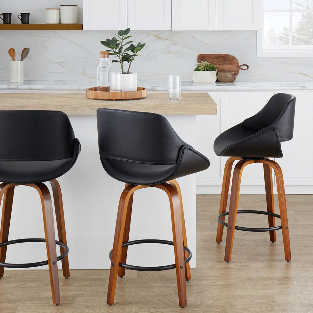 LumiSource Fabrico 26" Swivel Fixed-Height Counter Stool with Black Faux Leather Upholstery in Black and Walnut (Set of 2), , large