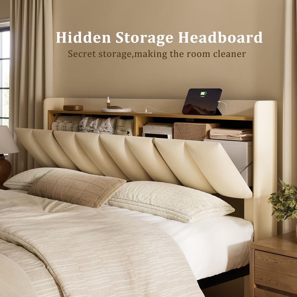 HOMLUX Full Upholstered Platform Storage Bed Frame with Storage Headboard in Beige, , large