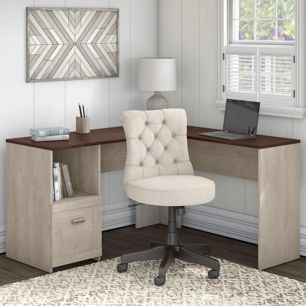 Bush Townhill 2Piece Office Desk Set in Washed Gray and Madison Cherry