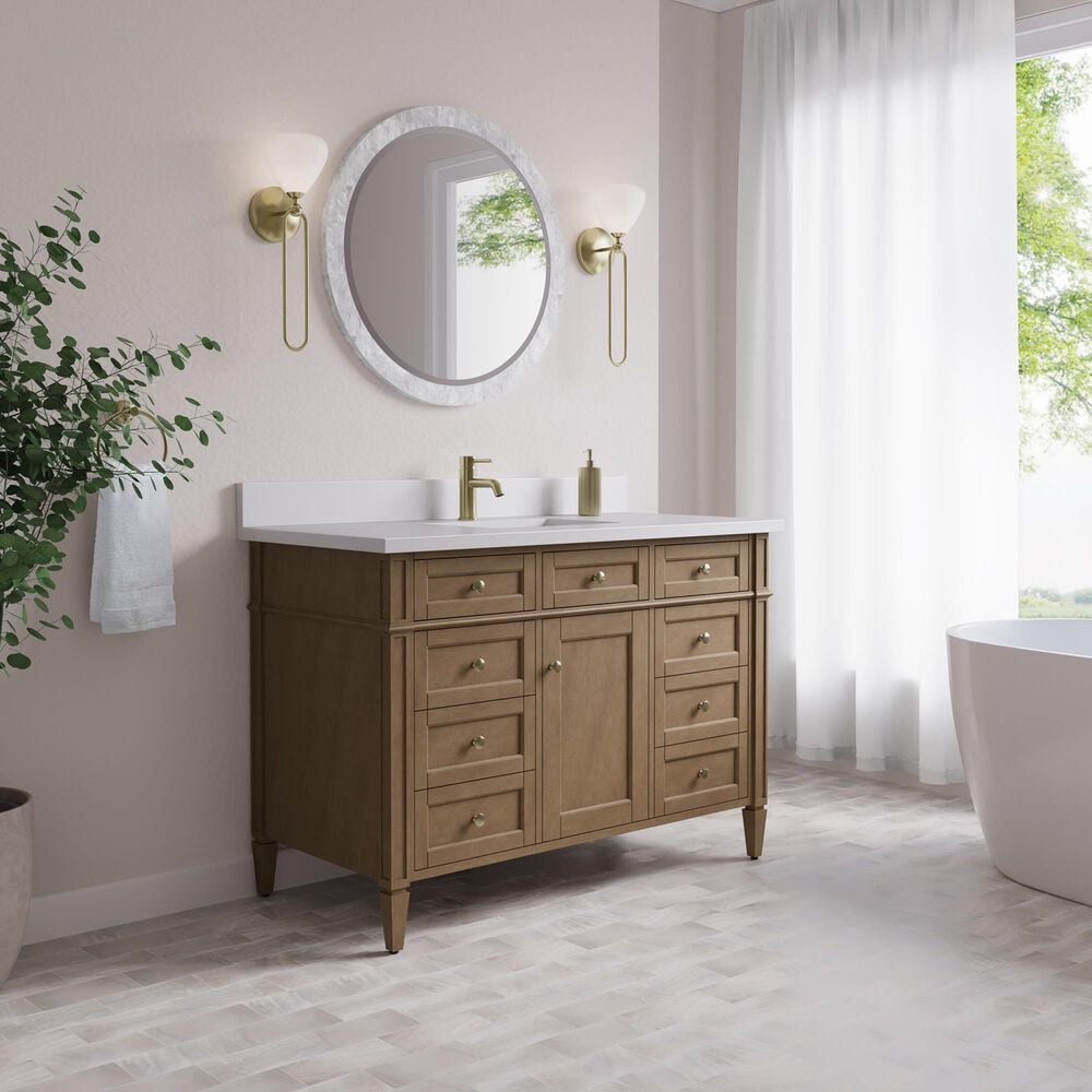 James Martin Brittany 48" Single Bathroom Vanity in Pecan with Single Hole 3 cm White Zeus Silestone Top and Rectangular Sink, , large