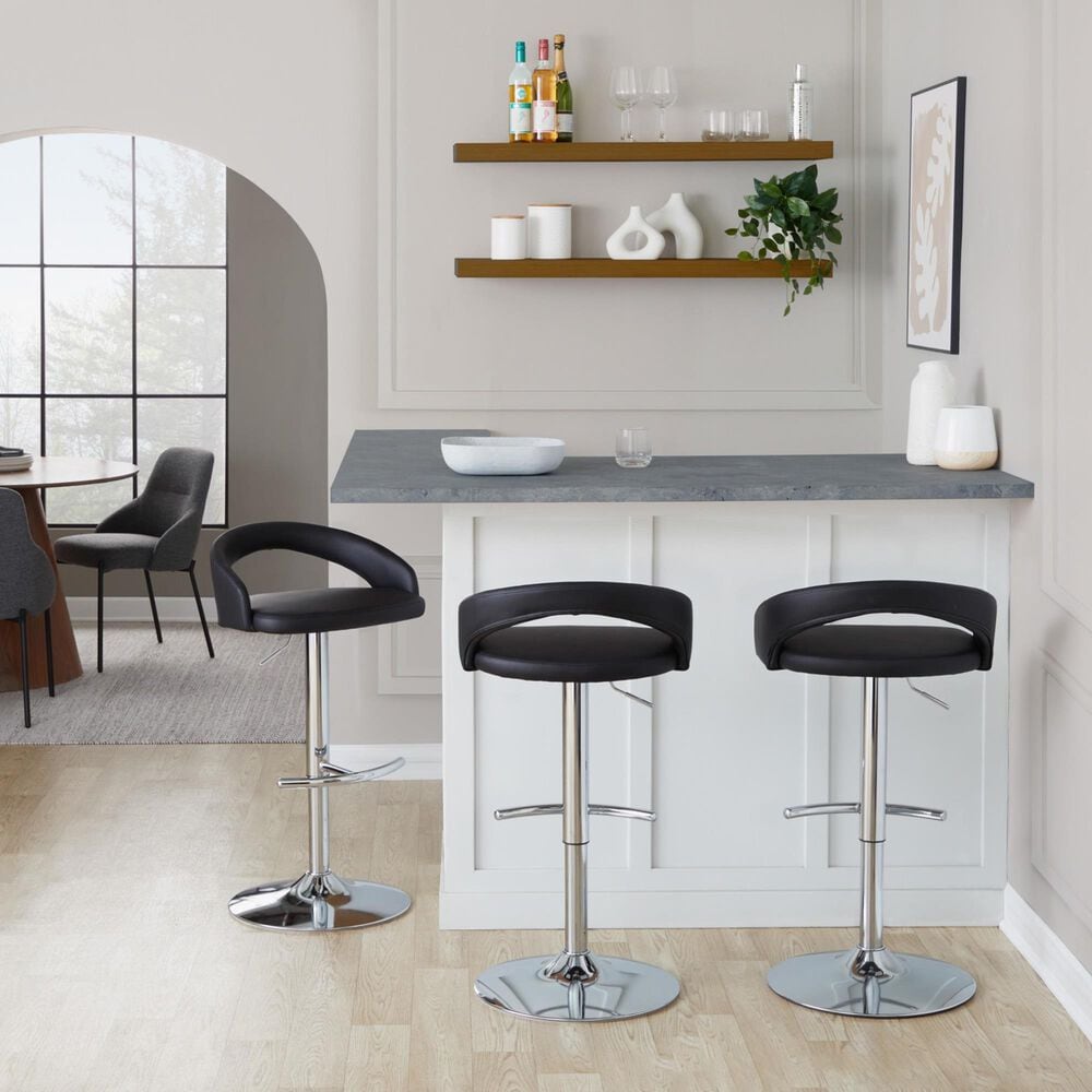LumiSource Grotto Swivel Adjustable Bar Stool with Black Faux Leather Upholstery in Chrome (Set of 2), , large