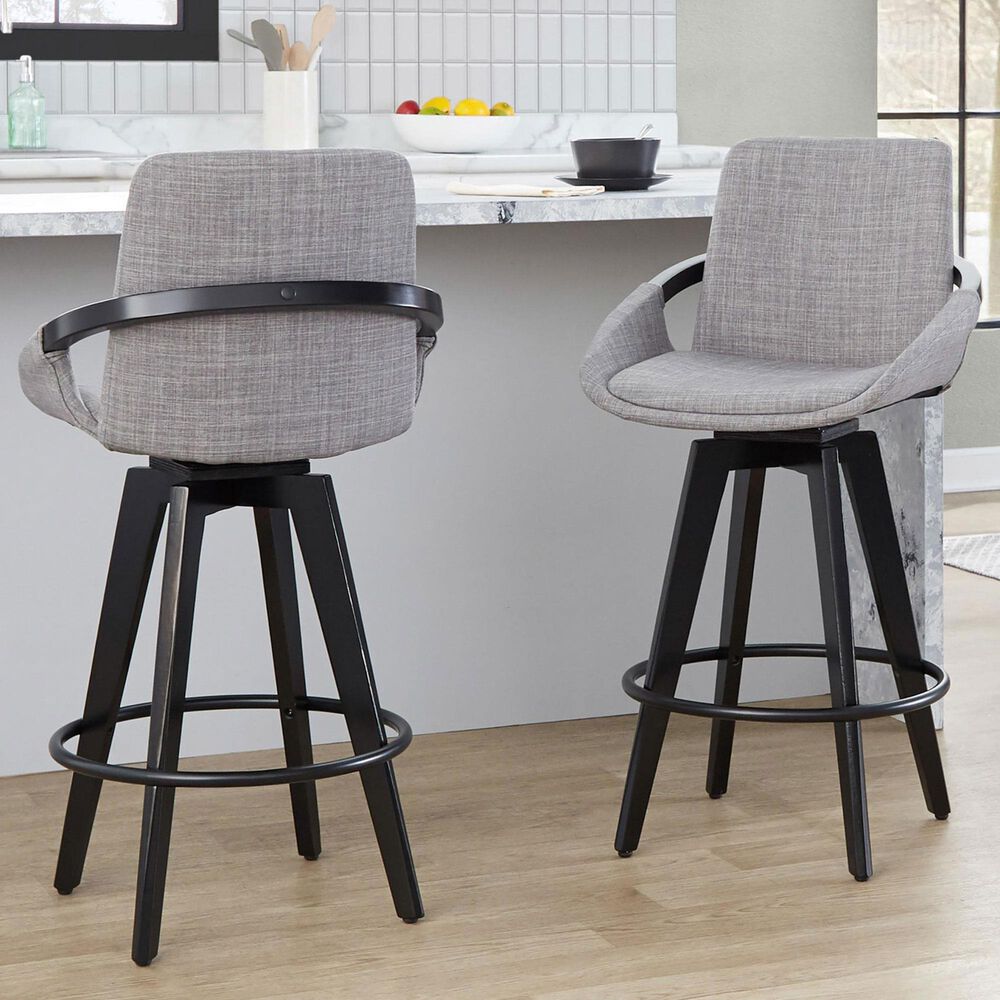 LumiSource Cosmo 26" Swivel Counter Stool with Grey Upholstery in Black (Set of 2), , large