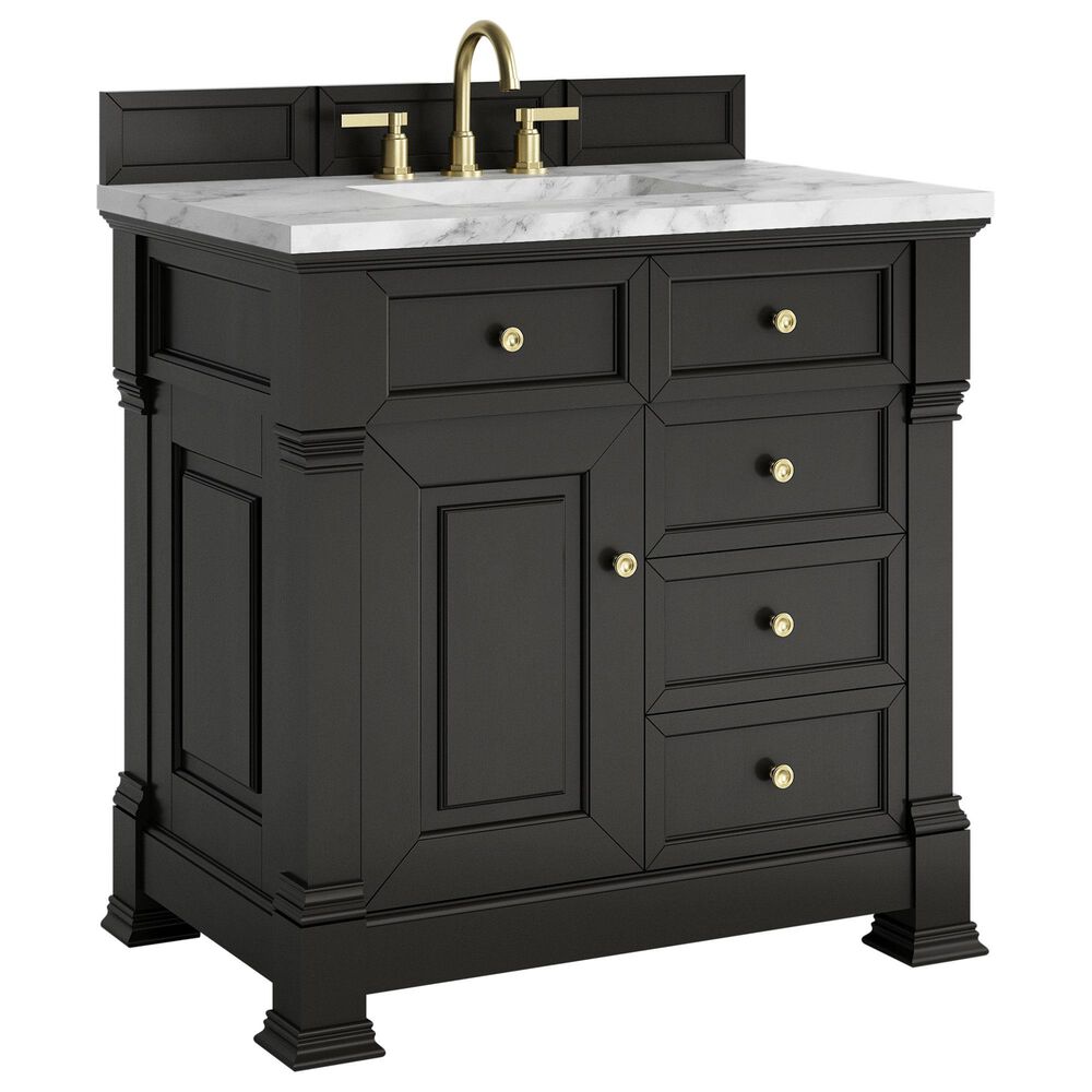 James Martin Vanities Brookfield 36" Single Bathroom Vanity in Black Onyx with 3 cm Carrara White Marble Top and Rectangular Sink, , large