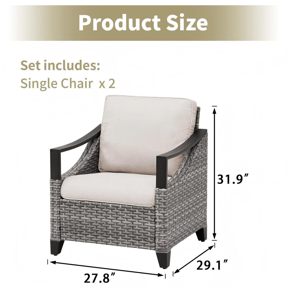 Sunwell Garden Patio Stationary Chair with Gray Frame and Metal Armrests in Beige (Set of 2), , large