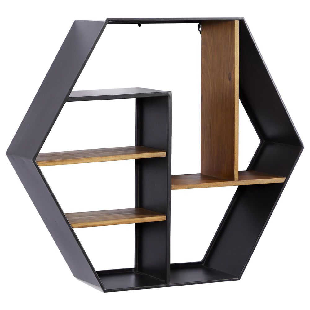 Maple and Jade 30&quot; Hexagon Wall Shelf in Matte Black and Varnished Brown, , large