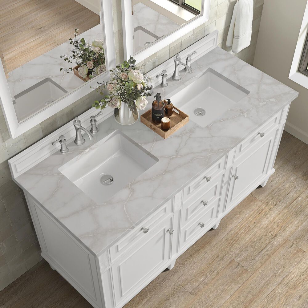 James Martin Vanities Lorelai 60" Double Bathroom Vanity in Bright White with 3 cm Ethereal Noctis Silestone Top, Rectangular Sinks and FreePower Wireless Charger, , large