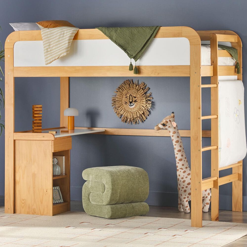 Walker Edison Adyn Twin Loft Bunk Bed with Desk in Natural Pine, , large