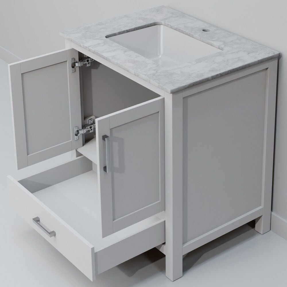 Lexora Home Jacques 30" Single Bathroom Vanity in White with 2 cm White Carrara Marble Top and Rectangular Sink, , large