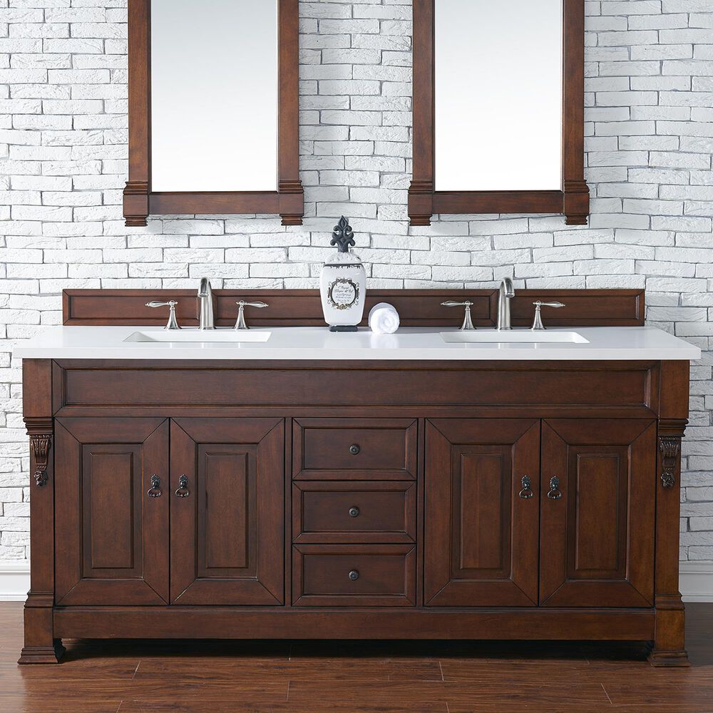 James Martin Vanities Brookfield 72" Double Bathroom Vanity in Warm Cherry with 3 cm White Zeus Quartz Top and Rectangular Sinks, , large