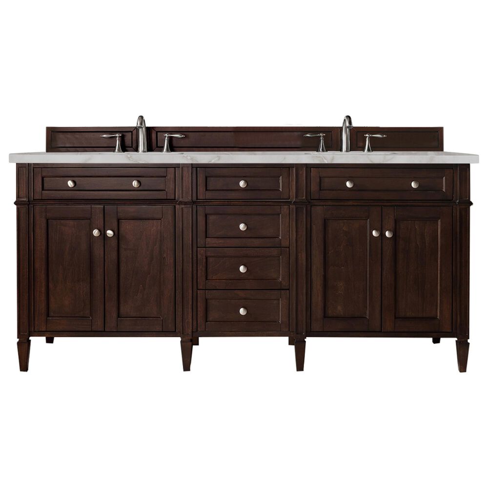 James Martin Vanities Brittany 72" Double Bathroom Vanity in Burnished Mahogany with 3 cm Victorian Silver Quartz Top and Rectangular Sinks, , large