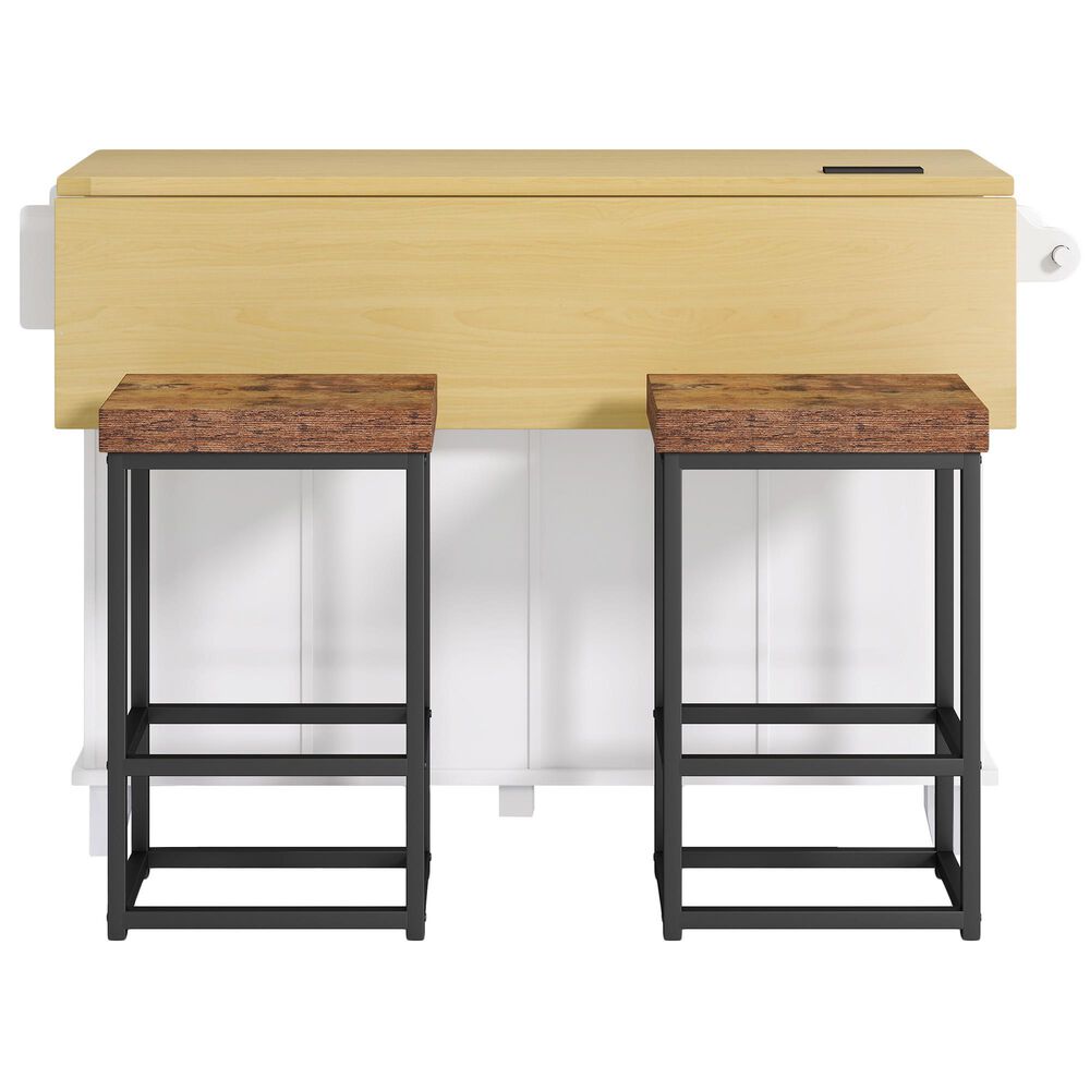 HOMLUX Farmhouse Kitchen Island with Drop Leaf and 2 Stools in White, Natural, Black and Rustic Brown, , large