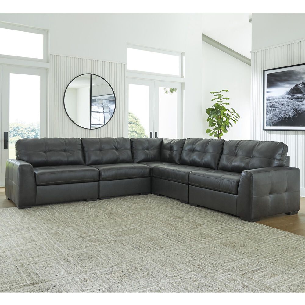 Ashley Brindley Pier 5-Piece Stationary Symmetrical Leather Sectional in Fog, , large