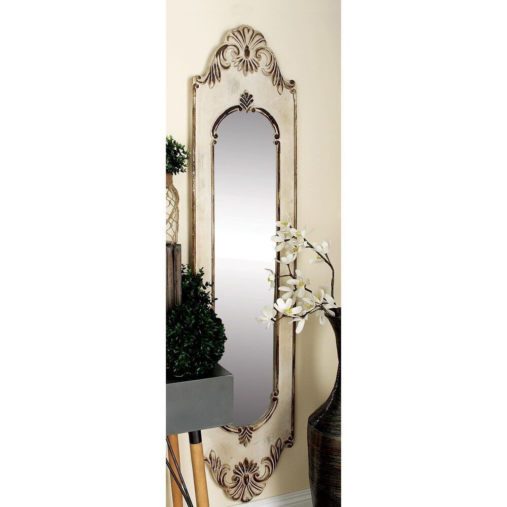 Maple and Jade 72&quot; x 16&quot; Wood Floral Slim Wall Mirror with Carved Scrollwork in Distressed White and Mocha Brown, , large