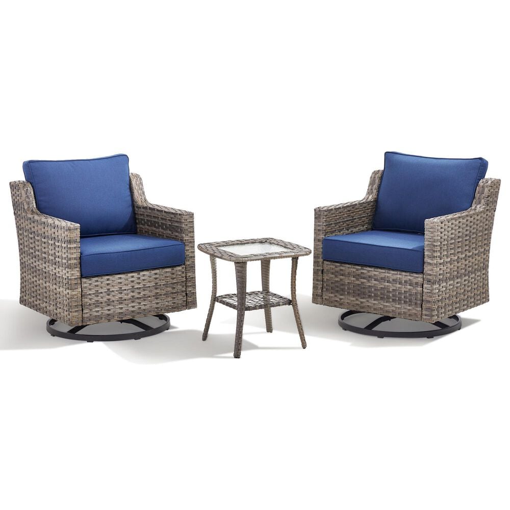 Hearth and Haven 3-Piece Outdoor Wicker Swivel Chair Set with 19" Side Table in Blue, , large