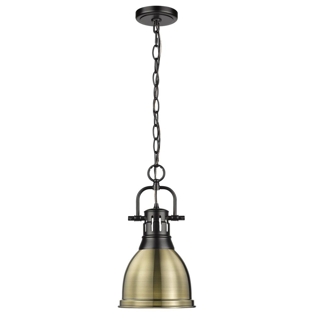 Golden Lighting Duncan 1-Light Small Pendant with Chain and Aged Brass Shade in Matte Black, , large