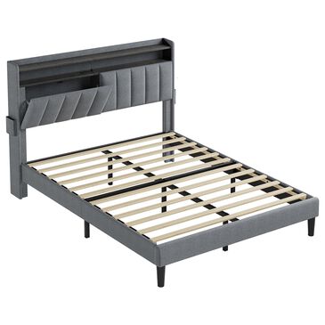 HOMLUX Full Storage Platform Bed with LED Headboard with Charging Station in Gray, , large
